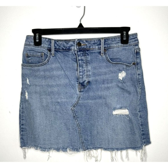 Old Navy Denim 
 Distressed Mini Skirt Button Fly Raw Hem Size 10 - Picture 1 of 14